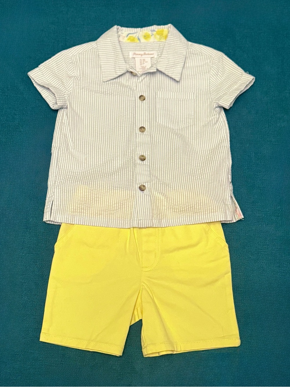 Tommy Bahama Toddler Blue Striped Collared Polo & Yellow Shorts Semi-Formal 18M